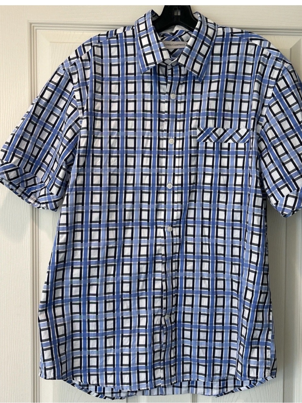 James Campbell Blue and White Grid-Pattern Short Sleeve Button-Down
